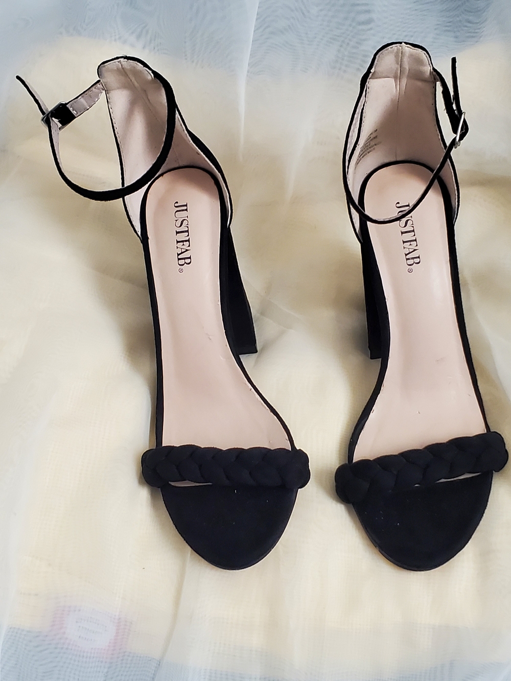 JustFab Black Braided Ankle-Strap Block Heels